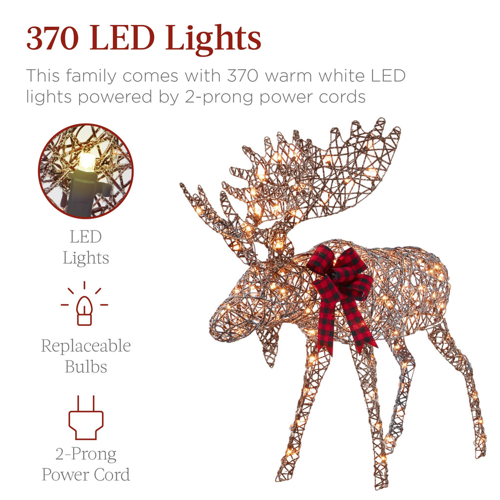5ft 2-Piece Moose Family, Lighted Outdoor Christmas Yard Decoration, Light-Up Décor Set w/ 370 LED Lights, Zip Ties - Rattan