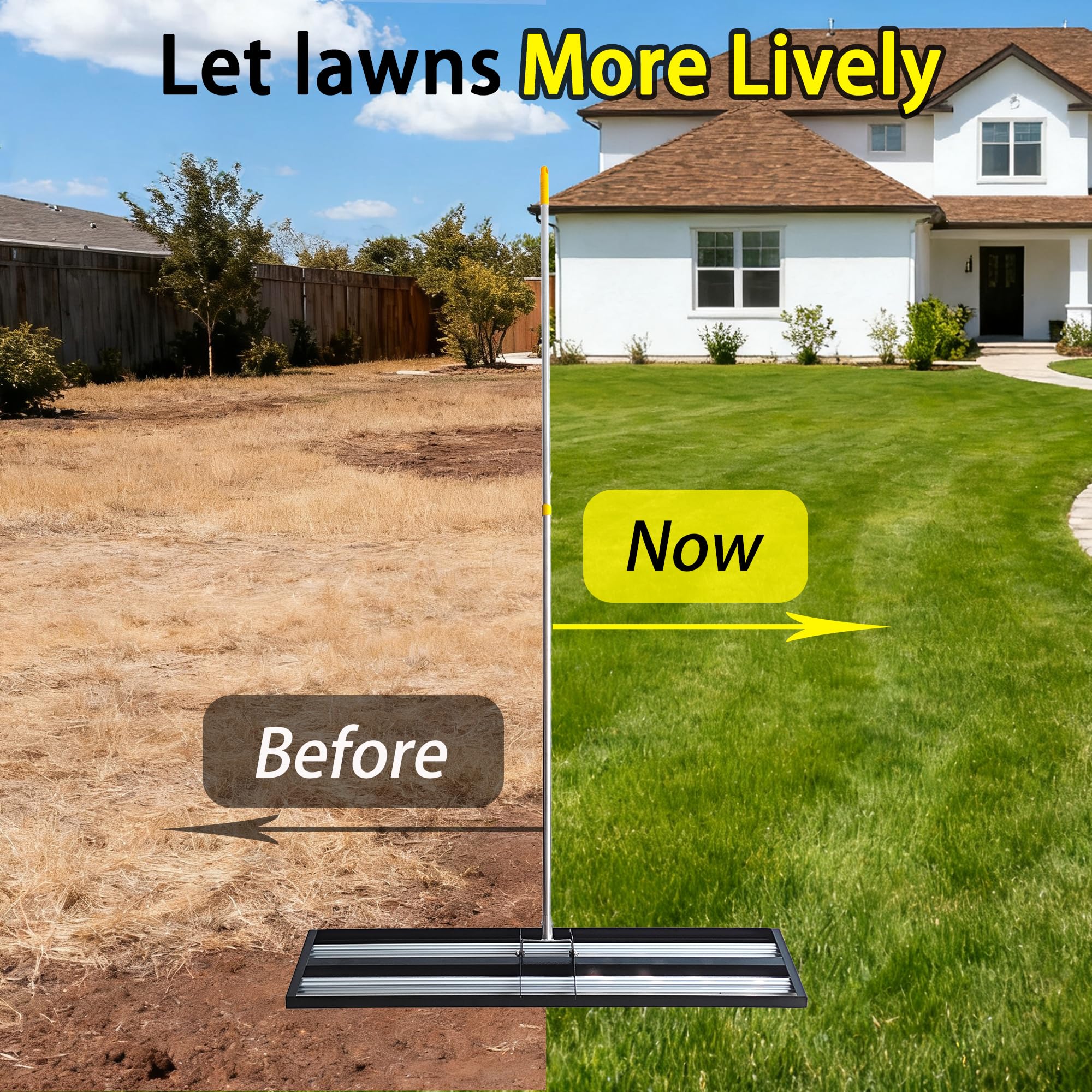 36"x10"Lawn Leveling Rake with Aluminum Rollers, Stainless Steel Yard Lawn Leveler Tool with Adjustable Long Handle, Yard Leveling Rake Suit, Levelawn Tool for Soil, Grass, Golf Course, Garden, Farm